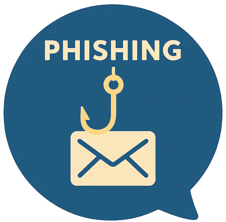 Navy speech bubble reading “Phishing” above a fish hook caught on an email envelope